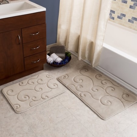Hastings Home 2 pc Memory Foam Bath Mat Set by Hastings Home -Coral Fleece Embossed Pattern - Taupe 254222JQX